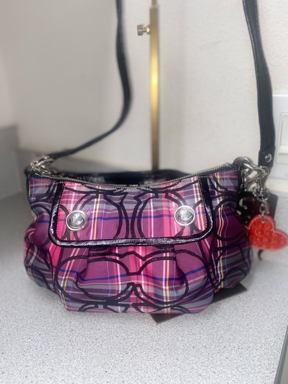 Coach Poppy Pink/Purple/Black Tartan Groovy Shoulder/Crossbody Bag EUC - Picture 5 of 15